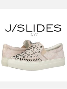 J/SLIDES AZT Silver Studded Slip-on Soft Pink Metallic Suede Leather Sneakers 8